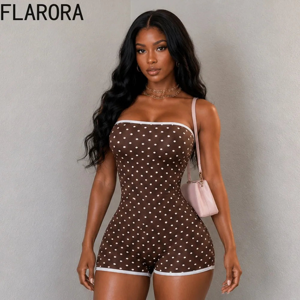 FLARORA Sexy Polka Dot Print Rompers Woman Off Shoulder Sleeveless Backless Skinny Peach Hip Playsuits Hottie Trend Streetwear