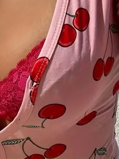Pajamas Onesies Women's Sexy Bodysuit Casual Cherry Print V-neck Front Button Long Sleeve Slim Fit Jumpsuit Sleepwear