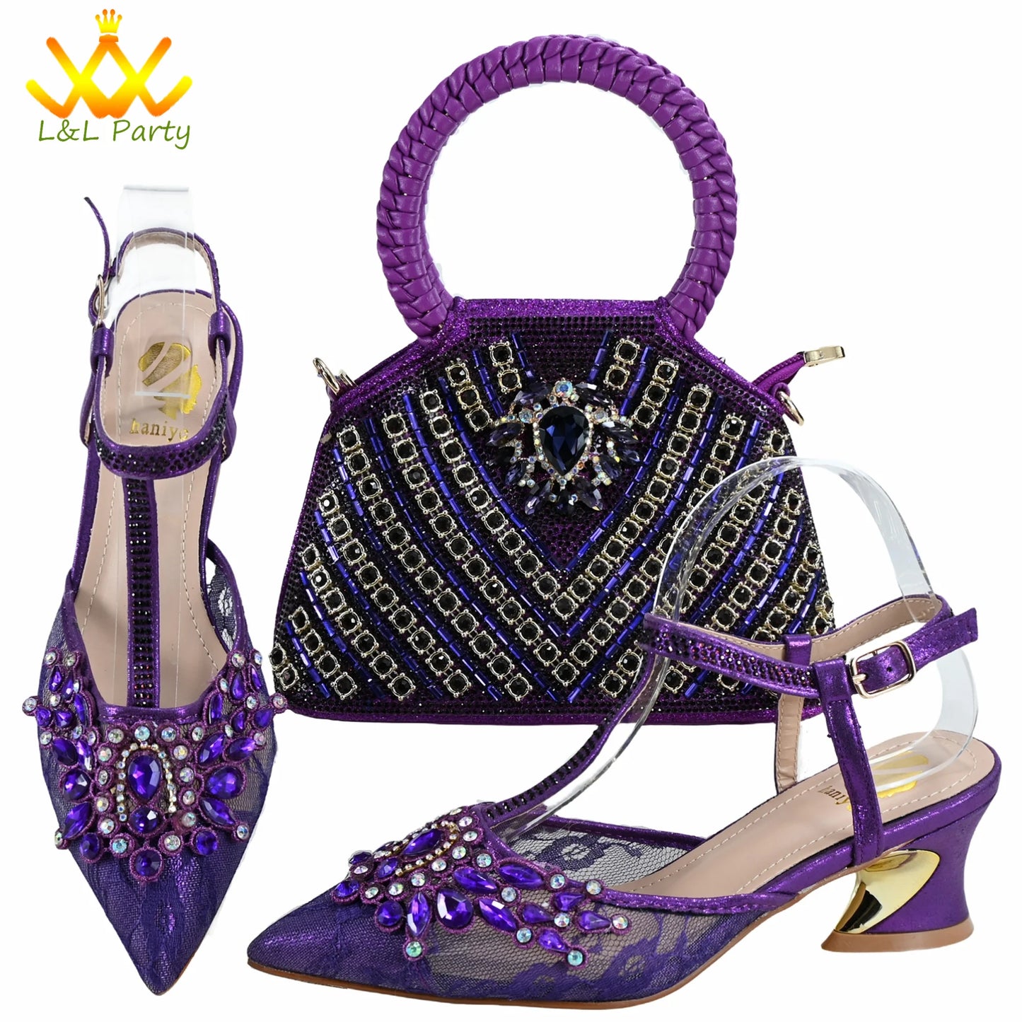 Orange Color New Arrivals Italian Design Nigerian Women Shoes and Bag Set Pointed Toe Slipper with Shinning Crystal for Party