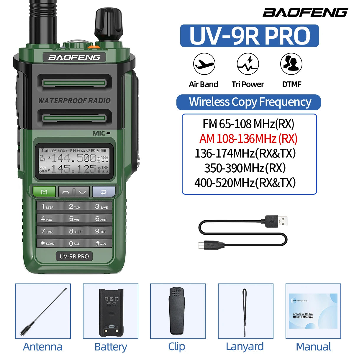 Baofeng UV-9R PRO Walkie Talkie IP68 Waterproof Full Band Wireless Copy Frequency 128CH AM FM Type-C Long Range Two Way Radio