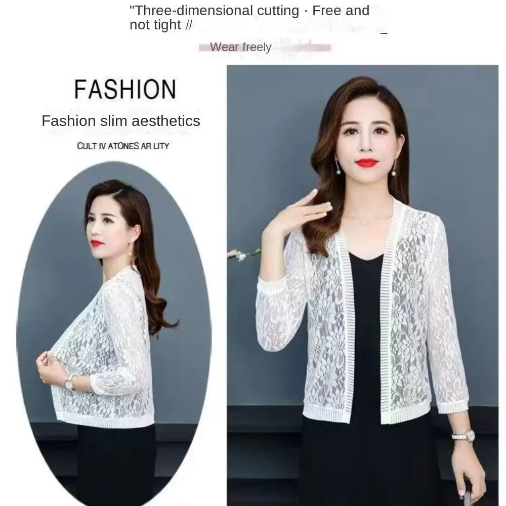 Summer Tie Up Women's Cardigan Breathable Beach Sun Protection Clothing Floral Lace Mesh Shawl Women