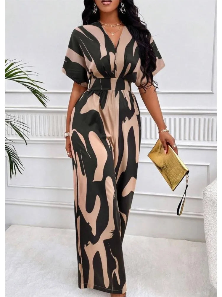 2024 Women Wide Leg Jumpsuit Spring Summer Fashion V Neck Short Sleeve High Waist Full Body Printed Jumpsuits Casual One Pieces