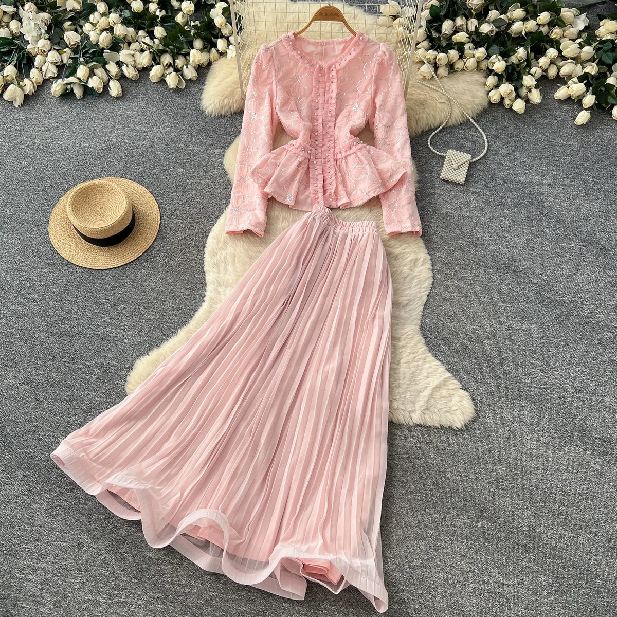 lace beaded embroidery  Elegant Two Pieces Sets Chic Blouse Top with Sweet High Waist  A-line Skirt Vacation Fall Sets