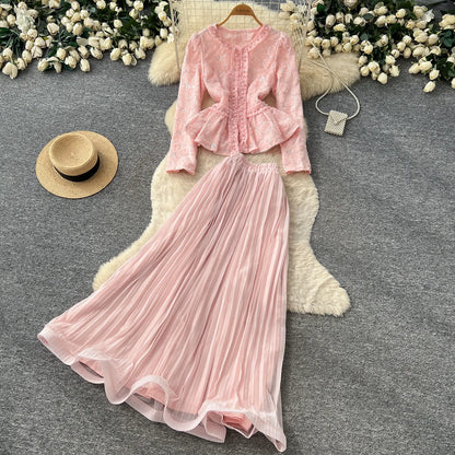 lace beaded embroidery  Elegant Two Pieces Sets Chic Blouse Top with Sweet High Waist  A-line Skirt Vacation Fall Sets