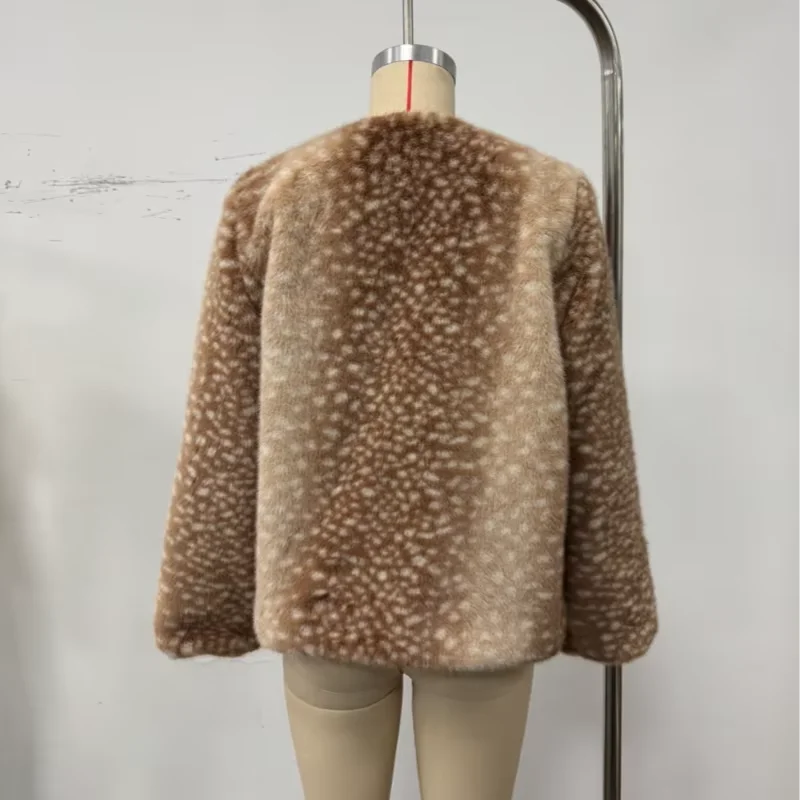 Retro Cute Deer Spot Faux Fur Coat Women Soft Furry Texture Vintage Oversized Jacket 2026 New Warm Elegant Women Street Outwear