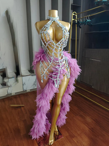 Sexy Purple Neck Hanging Spider Web 2PCS Set Gauze See-through Dress Carnival Performance Singer Dance Costume Drag Queen Stage