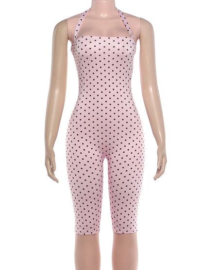 Weird Puss Sexy Backless Rompers Woman Polka Dot Print Bandage Halter Sleeveless Skinny Peach Hip High Street Fashion Playsuits