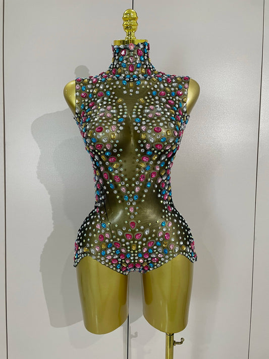 Women Sparkly Colorful Diamonds Mesh Sheer Stretch Bodysuits 2025 Luxury Birthday Party Nightclub Dj Stage Performance Costume
