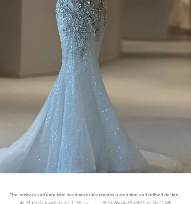 Elegant Fish Tail Wedding Dress Lightweight Tulle One Shoulder Bridal Gown for Small Stature Brides Heavy Embroidery Exit Veil
