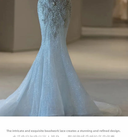Elegant Fish Tail Wedding Dress Lightweight Tulle One Shoulder Bridal Gown for Small Stature Brides Heavy Embroidery Exit Veil