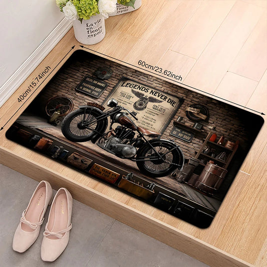 VIKAMA Vintage Motorcycle Garage Rug, Non-Slip Washable Biker Carpet, "Legends Never Die" Classic Bike Print Floor Mat for Entry