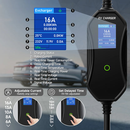 3.6kW Portable TS‑NACS EV Charger for Tesla 2.8" LCD Display Delay & Schedule Timing Electric Vehicle Charging Plug Station