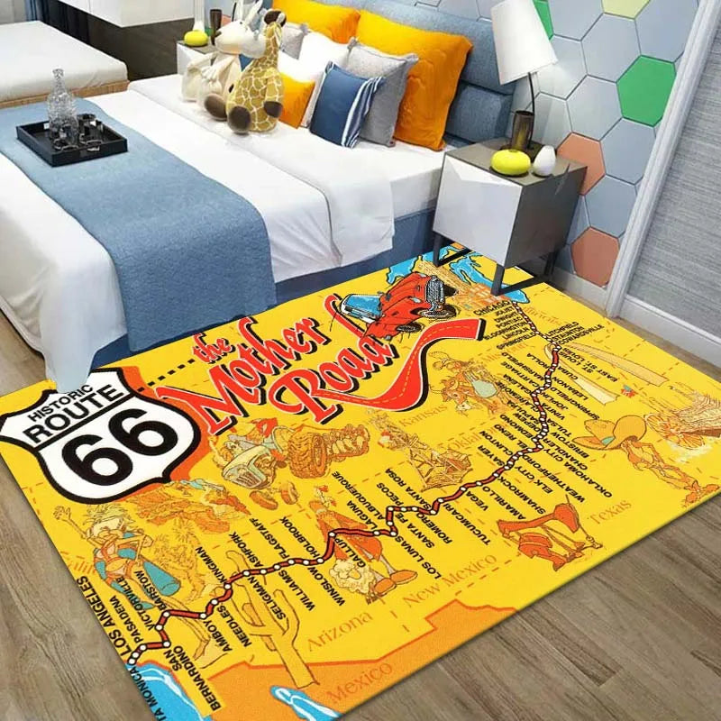 Route 66 Motorcycle Pattern Print Flannel Area Rug Americana Theme Soft Comfortable Floor Mat For Living Room Bedroom