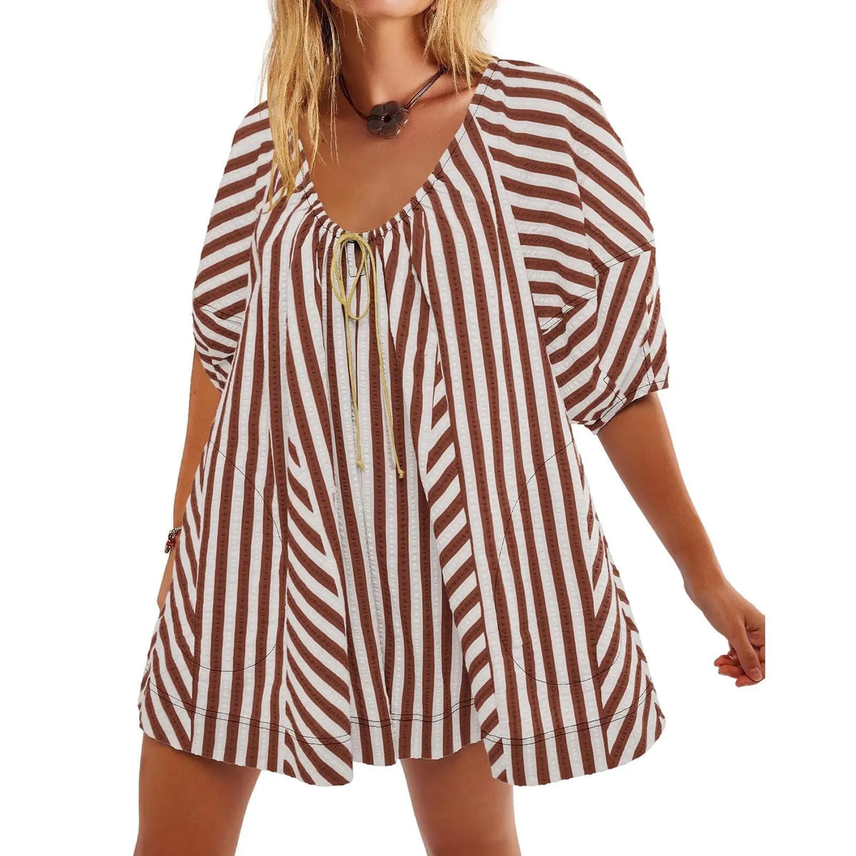 fall Beach Vacation Rompers Short-sleeve Striped Jumpsuit Slim Casual Loose Deep V Wide-leg Short Jumpsuit For Women Clothing