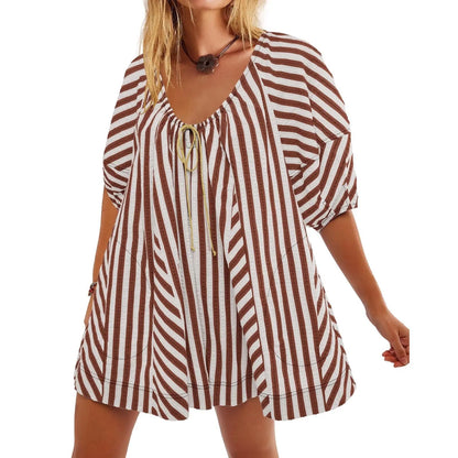 fall Beach Vacation Rompers Short-sleeve Striped Jumpsuit Slim Casual Loose Deep V Wide-leg Short Jumpsuit For Women Clothing