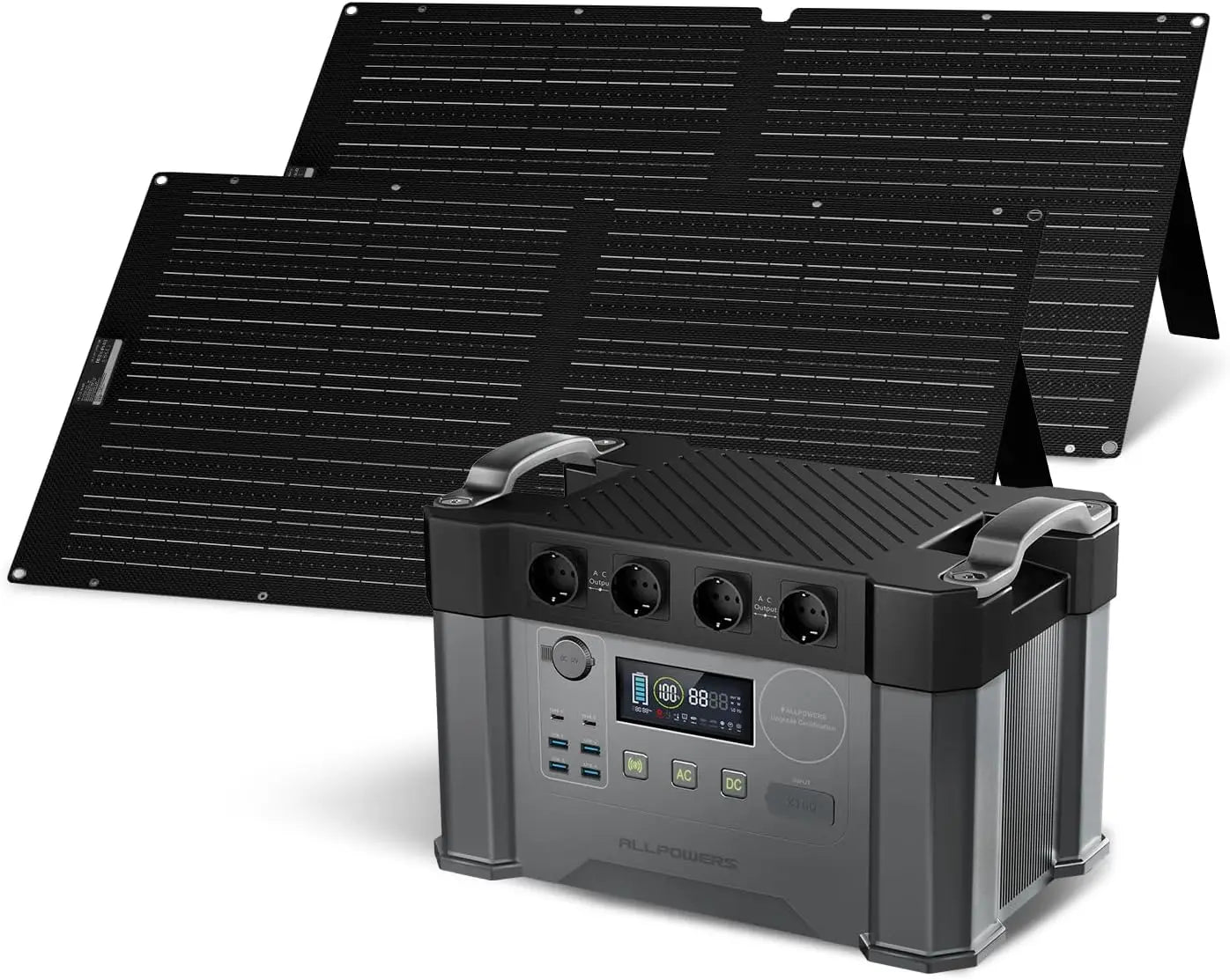 ALLPOWERS Solar Generator 2400W Battery Charger,110V/230V Pure Sine Wave AC Outlet With 2×100W Portable Solar Panel For Outdoors