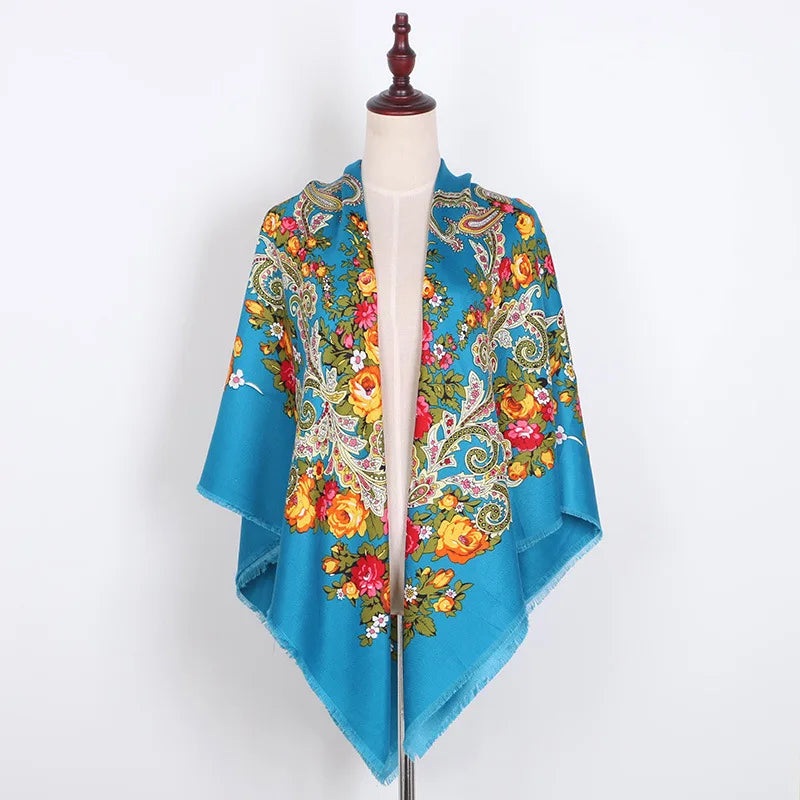 Russian Women Big Size Square Scarf Luxury Floral Print Bandana Wraps Female Retro Short Tassel National Shawl