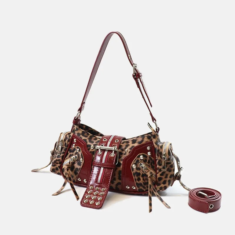 Women's Y2k Punk Vintage Shoulder Purse PU Leather Gothic Rivet Handbag Waist Bag Luxury Black Cross Body Bags with Spikes