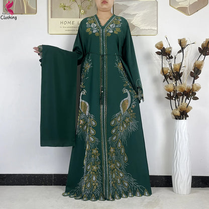 2026New Dubai Muslim Women Modest Dress Diamond Chiffon Elegant Arabic Femme Hijab African Abaya Islamic Long Sleeve Turkey Robe
