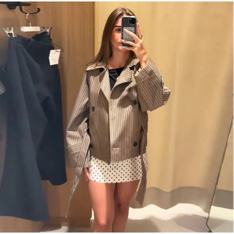 Plaid Cropped Trench Coat Lapel Collar Double Breasted Belted Waist Long Sleeve Women All-match Coats 2026 Autumn Commute Outfit