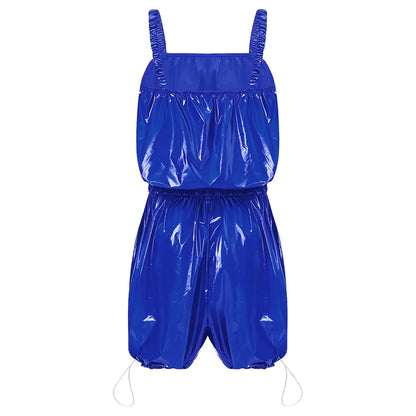 Womens Glossy Waterproof Diaper Cover Sling Bodysuit Waistband Drawstring Legs One-piece Cami Rompers Adaptive Short Jumpsuit