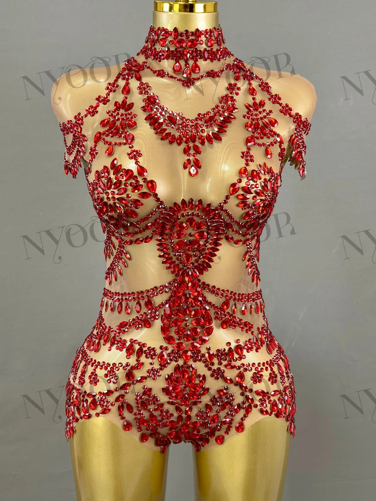 Sparkly Rhinestones Bodysuit for Women Sexy Mesh Transparent Performance Dance Costume Singer Dancer Show Stage Wear