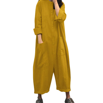 Solid Color Casual Loose Pocket Jumpsuit Women New Fall Simple Long Sleeve Shirt Female Vacation Rompers Fashionable Streetwear