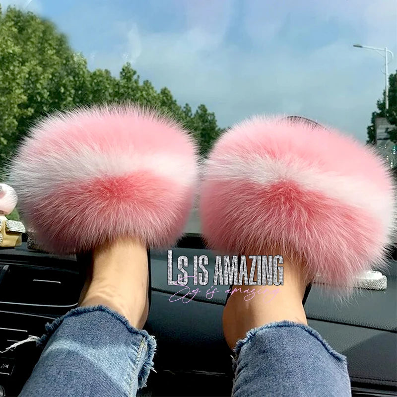Natural Fox Fur Slippers, Fashionable Outdoor Multi-Color Animal Hair Slippers, Women's Gifts, Soft EVA Sole Slippers, On Trend