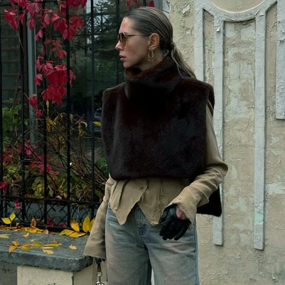 Eco Mink Fur Turtleneck Tank Tops Fluffy Layering Piece Faux Fur Vest Thicken High Collar Sable Vest Women's Apparel
