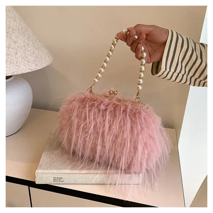 Beading Chain Women's Evening Plush Handbags Faux Fur Tassel Ladies Shoulder Bag Elegant Female Crossbody Bags Party Furry Purse