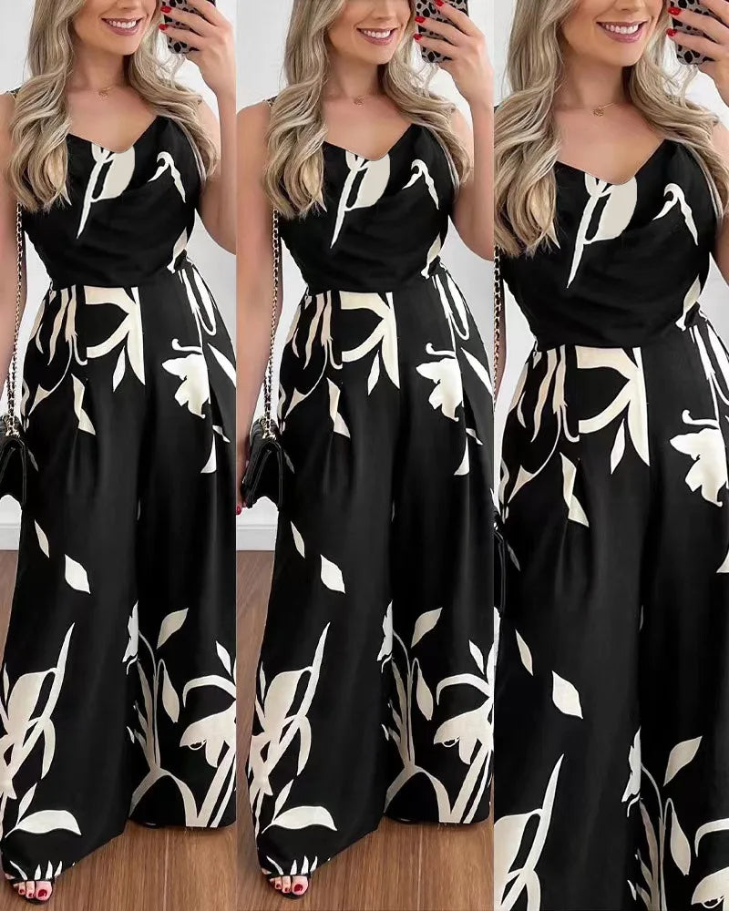 Women's Jumpsuit 2024 Summer Fashion Print Temperament Commuting Elegant Overalls Sleeveless V-neck Open Back Wide Leg Jumpsuits