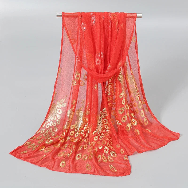 Women Glitter Thin Muffler Solid Color  Elegant Hijab Scarf Chiffon Long Scarves Gold Peacock Print Wrap Shawl Georgette Scarf