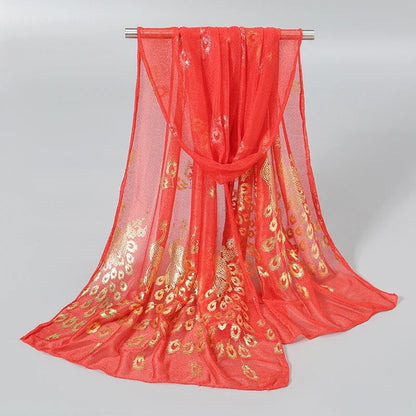 Women Glitter Thin Muffler Solid Color  Elegant Hijab Scarf Chiffon Long Scarves Gold Peacock Print Wrap Shawl Georgette Scarf
