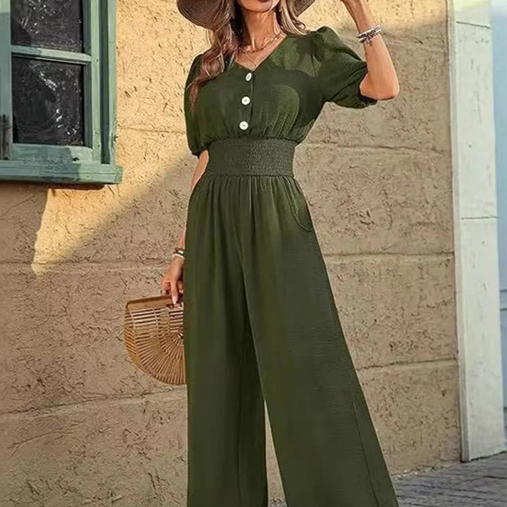 Women's V-Neck Waist Cinched Loose Fit Elegant Jumpsuit