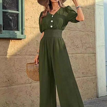 Women's V-Neck Waist Cinched Loose Fit Elegant Jumpsuit