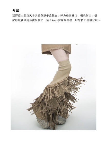 Suede Fabric Tassel Knitted Elastic Punk Vintage Flared Leg Warmers Woman Fashion Elegant Gothic Leg Sleeve