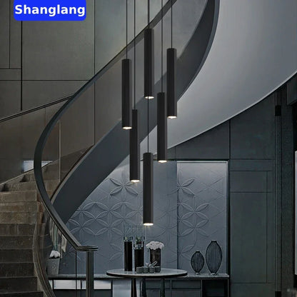 Modern LED Staircase Ceiling Chandelier Black Nordic Simple Indoor Lighting Fixture New Creative Design Island Long Hanging Lamp