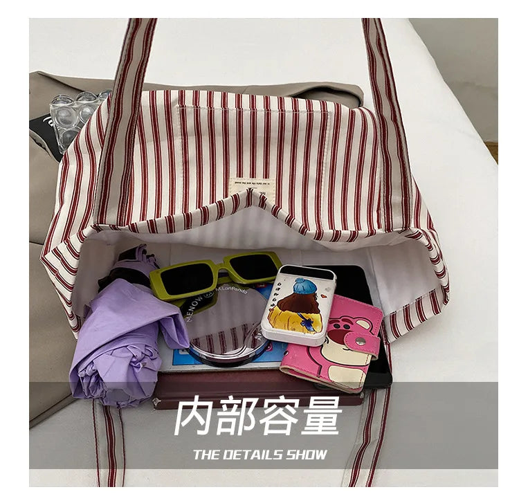 Contrast Color Stripes Women Shoulder Bags Versatile Ladies Large Capacity Tote Bag Lightweight Portable Female Shopping Handbag