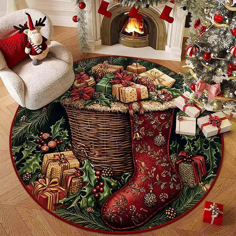 Christmas Style Living Room Decoration Red Carpet Round Rugs for Bedroom Washable Lounge Soft Floor Mat Anti-slip Children's Rug