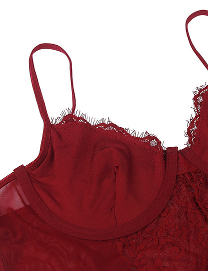 Comeondear Plus Size Crotch Open Bodysuits Red High Quality Lace Splicing Teddy With Underwire Sexy Jumpsuits Overalls for Women