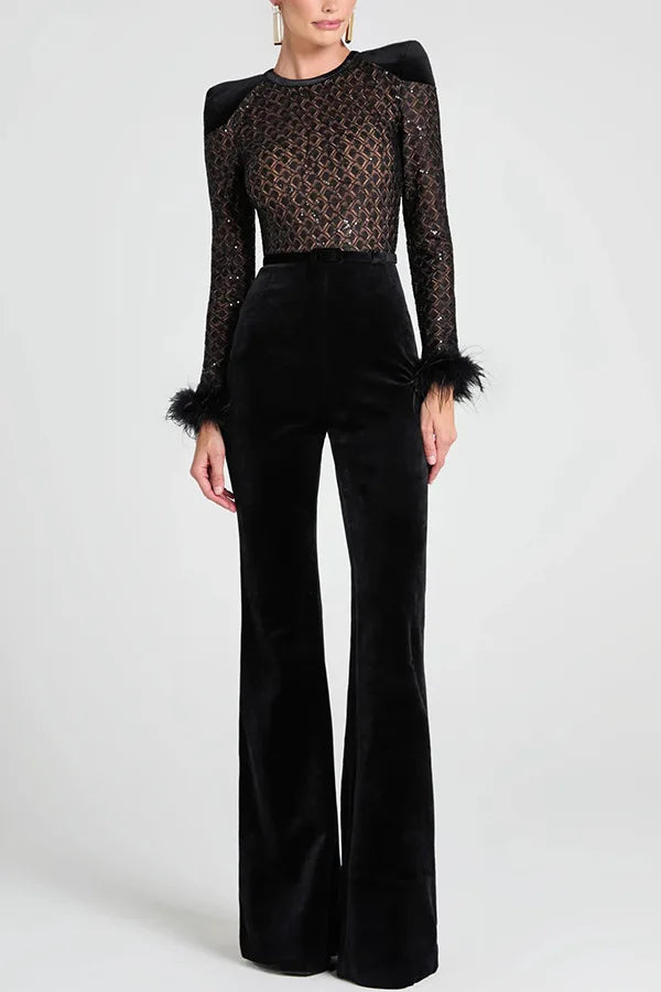 New Women's Fashion Long Sleeve Round Neck Gold Velvet Patchwork Sexy Jumpsuit Ladies Solid Color Slim Fit Jumpsuit For Women