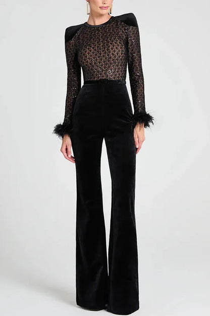 New Women's Fashion Long Sleeve Round Neck Gold Velvet Patchwork Sexy Jumpsuit Ladies Solid Color Slim Fit Jumpsuit For Women