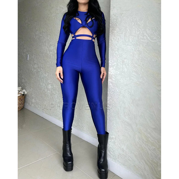 Sexy Streetwear Hollow Out Skinny Jumpsuit Long Sleeve One Piece Suit Rompers Casual Jumpsuits Women Club Party Clothes