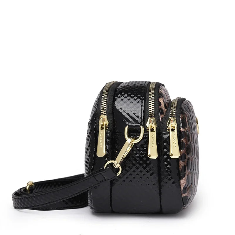 New 2025 Womens Small Messenger Bag PU Leather Shiny Shoulder Bag Fashion Saddle Bags Leopard Print Phone Purse Lipstick Storage