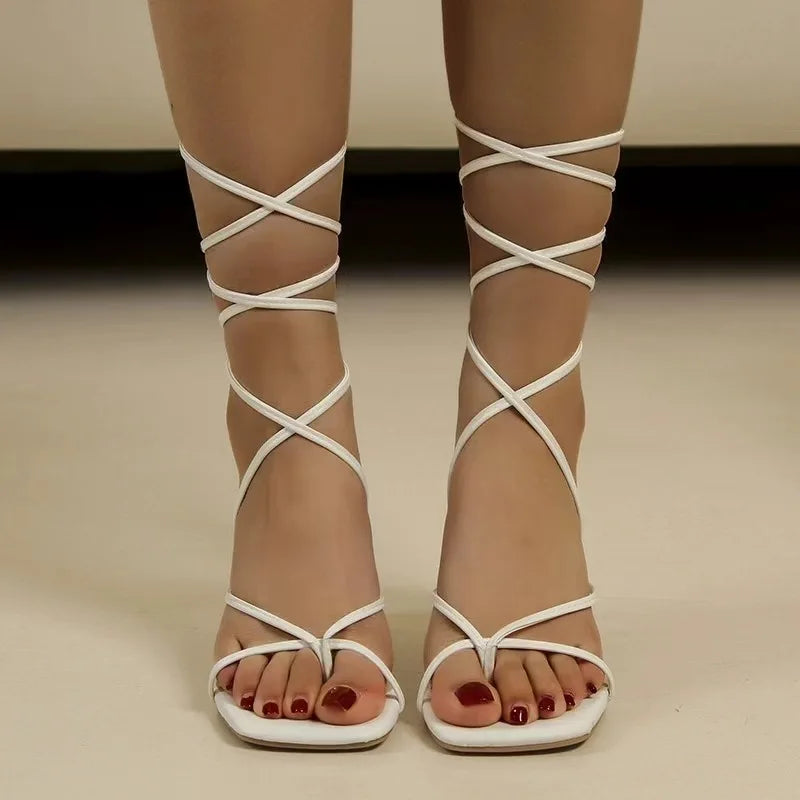 Summer Women's Sandals Flip Flop Lace Up High Heels Elegant Plus Size Square Head Party Shoes Fashion Luxury Shoes for Women New