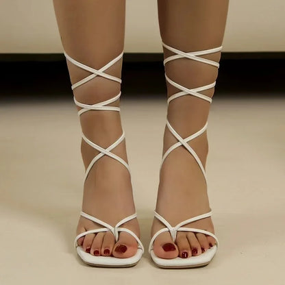 Summer Women's Sandals Flip Flop Lace Up High Heels Elegant Plus Size Square Head Party Shoes Fashion Luxury Shoes for Women New
