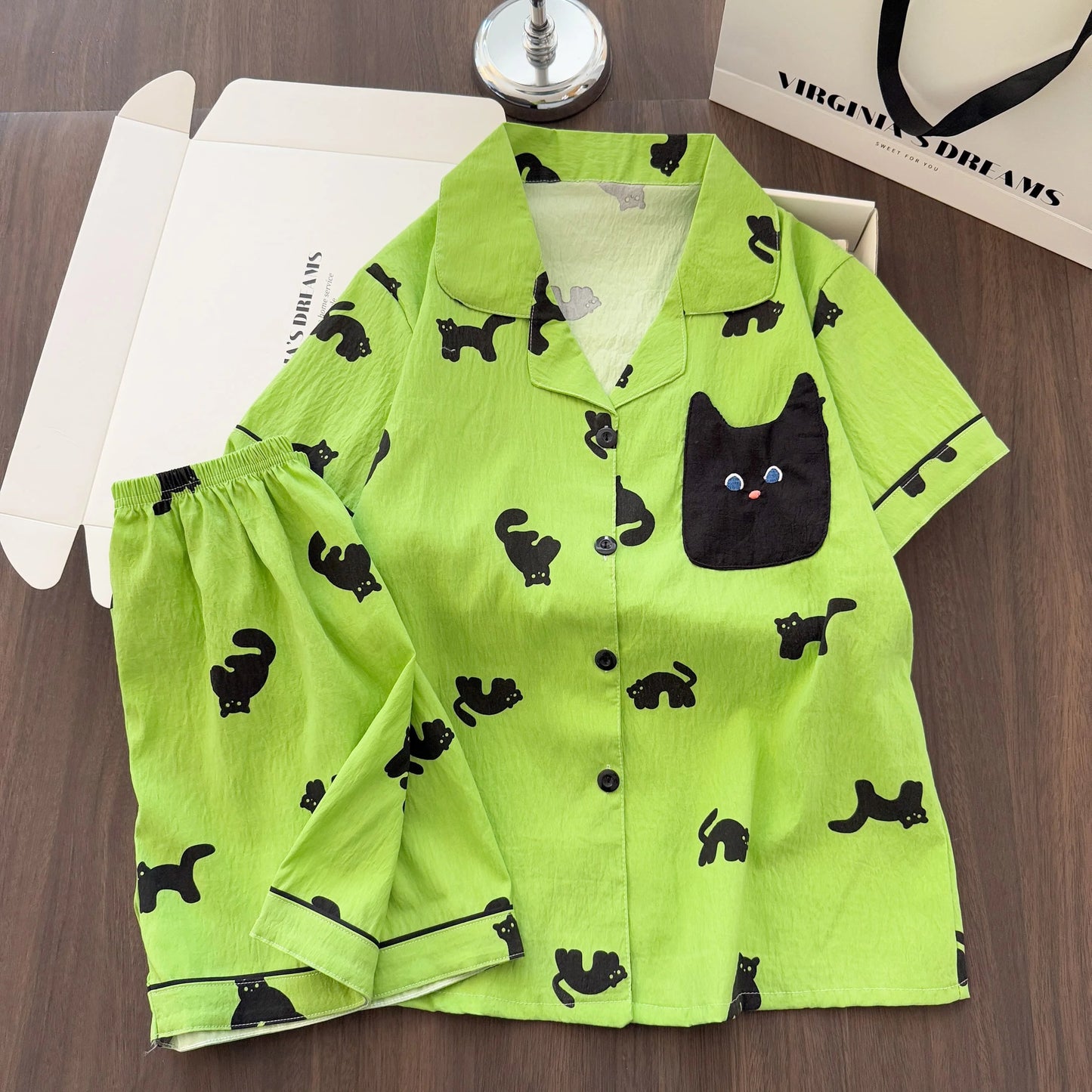 Women Summer Lapel Open Front Pajama Set Short Sleeve Top Shorts, Sweet Ins Teen Loungewear, Casual Daily Outdoor Home Wear Suit