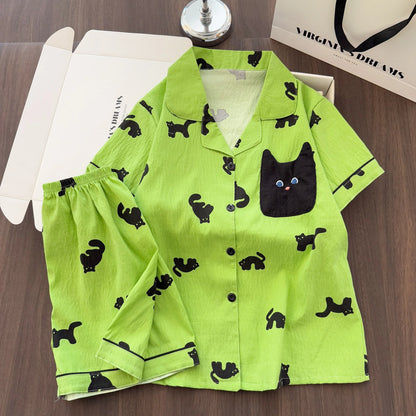 Women Summer Lapel Open Front Pajama Set Short Sleeve Top Shorts, Sweet Ins Teen Loungewear, Casual Daily Outdoor Home Wear Suit