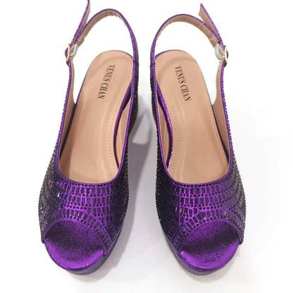 High Heels 2024 Women's Purple Luxury Designer Split Square Toe Rhinestone Wedding Shoes and Wedding Set