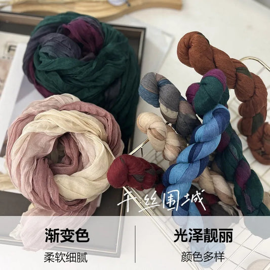 VREOVOR Scarf Cotton Hemp Gradient Blue Autumn Winter Retro Versatile Printed Women's Long Fold Shawl Elegant and Fashionable
